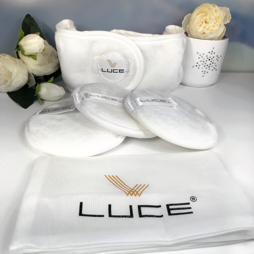 LUCE Lazy Eraser 5 Piece Spa Set: Makeup Remover Discs, Headband + Bag *BNIB